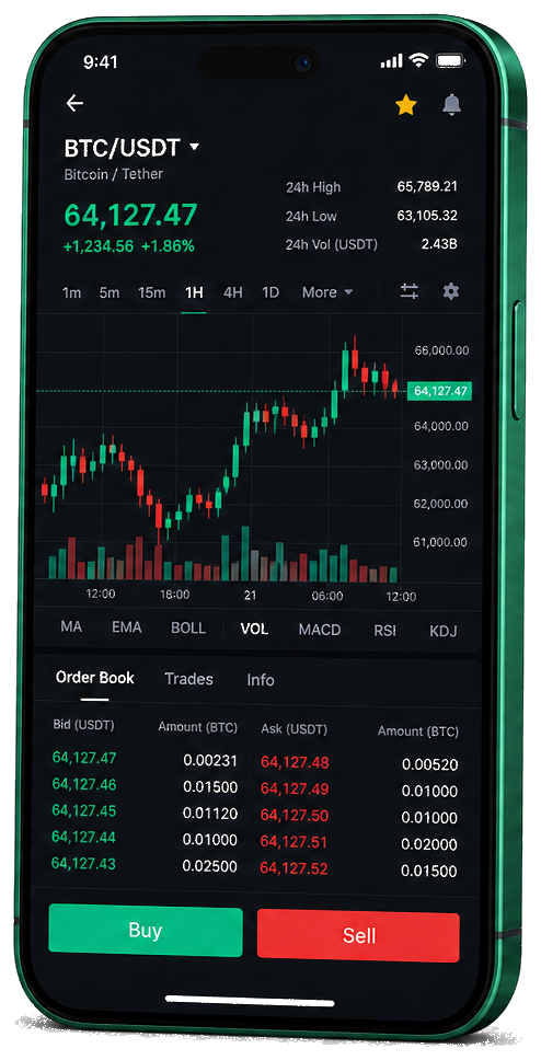 Application mobile Tréfonange — graphique BTC/USDT en direct, carnet d’ordres et outils de trading